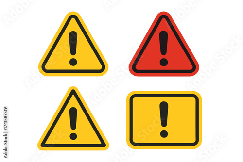 Danger sign collection. Caution alarm vector icon set. Yellow and red attention symbol with exclamation mark. Fatal error message element for warning notification. Hazard risk.