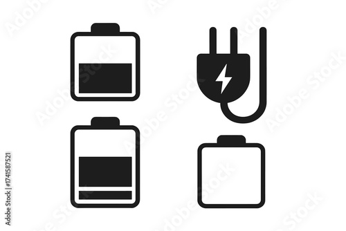 Battery charge indicator icon set. Vector collection of charging and power level symbols. Full, half and empty battery status. Electric plug charger sign. Energy concept.