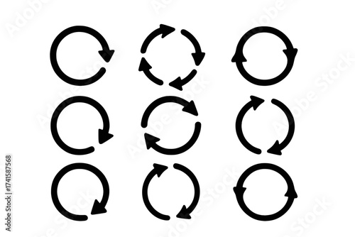 Circle arrow icon set. Circular rotation and 360 degree symbols. Vector icons for concepts like refresh, reload, repeat, loop, cycle, restart, spin, direction, and process.