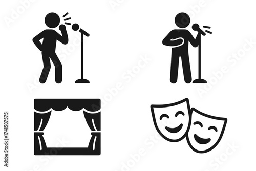 Theater performance icon set with singer, stage, and comedy tragedy masks. Vector silhouette for concert, opera, stand-up show, acting, and performing arts concepts.