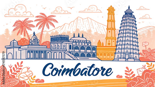 Coimbatore City Skyline with Famous Landmarks like Gass Forest Museum, Dhyanalinga, Perur Pateeswarar Temple, Marudamalai Temple – Unique Artistic Design for Tourism and Cultural Promotion