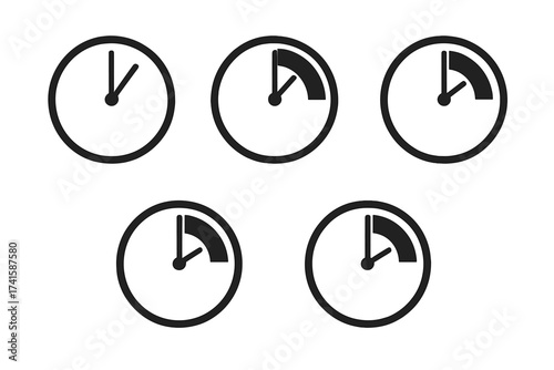 Clock timer icons from 1 to 5 minutes. Time interval passage symbol set. Vector countdown illustration. Simple circle watch for UI. Chronometer, stopwatch deadline concept.