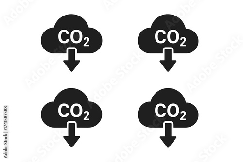 CO2 reduction icon set. Carbon dioxide emissions decrease symbol. Cloud with down arrow. Climate change solution concept. Carbon capture, storage, and footprint reduction.