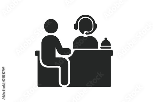 Customer service desk icon. Client talking to support agent at reception counter. Helpdesk operator with headset consulting a person. Information point symbol. Vector assistance.