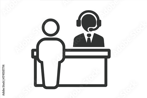Customer service desk icon. Help desk, support counter, reception symbol. Vector for business consultation, information point, and client assistance. Agent with headset.