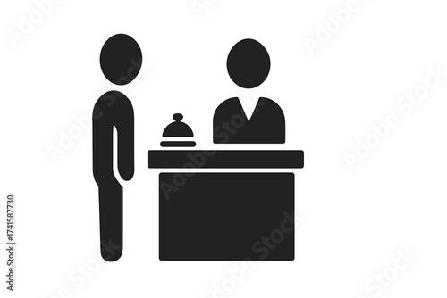 Customer service desk vector icon. Hotel reception counter symbol. Information helpdesk with receptionist and client. Guest check-in pictogram silhouette. Concierge sign.