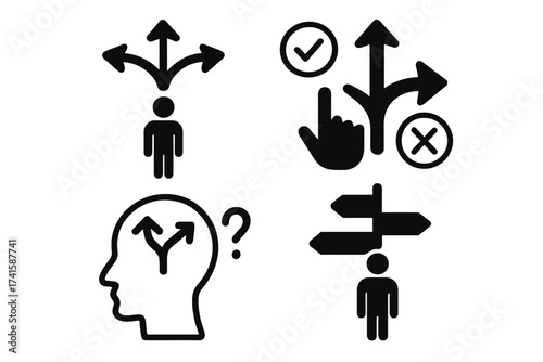Decision making icon set. Person at crossroads choosing a path. Right and wrong way concept. Business strategy, solution, and problem. Uncertainty and confusion metaphor.
