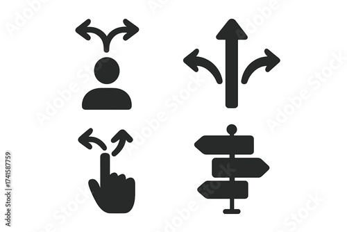 Decision making icon set. Choosing a path, direction, and strategy. Business choice, opportunity, and solution concept. Person at crossroads. Arrow and signpost icons.