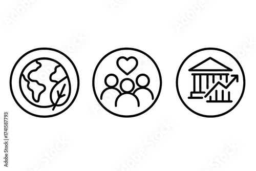 ESG icon set for Environmental, Social, Governance. Sustainable and ethical business criteria. Corporate responsibility and impact investing vector illustration concept.