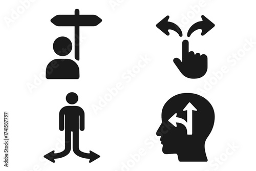 Decision making icon set. Person at crossroads, choosing a path. Business choice, career opportunity, options concept. Psychology of dilemma, strategy, and finding a solution. Vector.