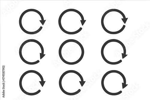 Circle arrow icon set. Refresh, reload, rotate symbols. 360 degree circular rotation, repeat & update signs. Vector glyph pictograms for UI. Loop, sync & recycle icons.