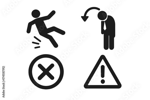 Failure and mistake icon set. Man falling down, slip warning, and sad loser symbols. Vector collection for concepts of error, problems, danger, and business fails isolated on white.