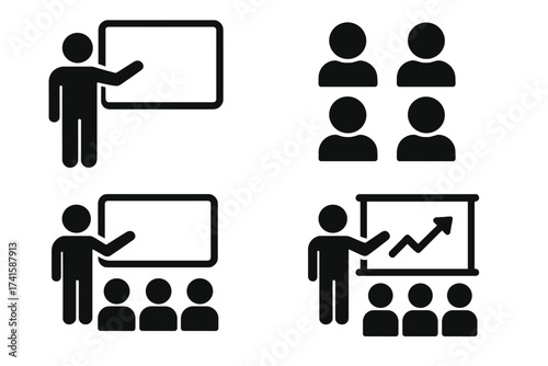 Classroom icon set. Teacher with students. Training, presentation and coaching concept. Lecture, business meeting, seminar vector symbols. Presenter with audience, growth chart.