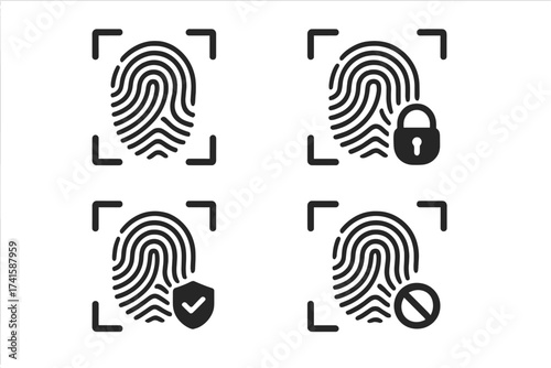 Fingerprint scanner icon set. Biometric identification concept. Thumbprint security technology. Access control password. Identity authentication. Verified, locked, access denied.