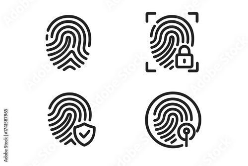 Fingerprint icon set for biometric identification. Thumbprint scan for security access and password authentication. Secure technology and cyber safety vector concept illustration.