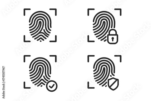 Fingerprint identification icon set. Biometric thumbprint scan for security, access control, and password verification. Authentication technology concept with lock and shield icons.