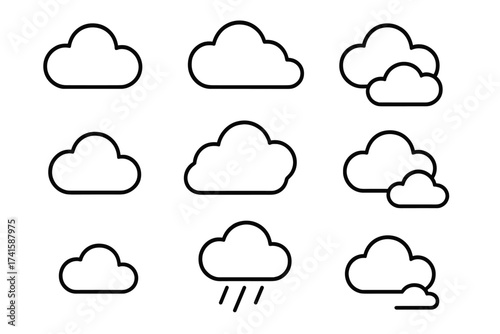 Cloud sky icon outline vector set. Simple linear weather pictogram collection. Cloudy and rainy day symbol. Meteorology forecast sign. Cloud data computing storage concept.