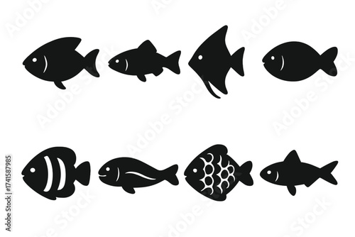 Fish icon vector set isolated on white. Collection of black fish silhouettes. Simple aquatic animal shapes for logo, sticker or seafood menu. Marine life fishing concept.