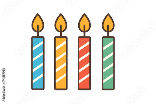 Colorful birthday candles icon set in flat design. Celebration concept vector illustration. Lit striped paraffin candles for party, anniversary, cake or event decoration.