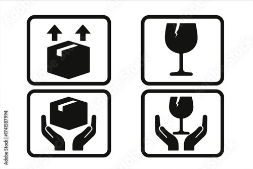 Fragile handle with care shipping label icon set. Package warning signs for delivery service. This way up and fragile glass symbol. Vector icons for box, parcel, and cargo.