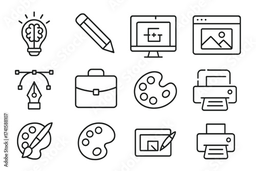 Graphic design and web design line icon set. Vector icons for creativity, drawing, art, digital illustration, portfolio, website, paint, and print. Thin line symbol collection.