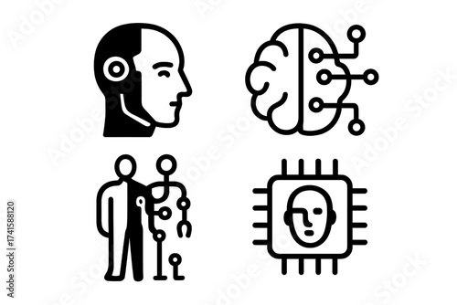 Cyborg icon set. Artificial intelligence, humanoid and machine learning concept. Vector symbols of bionic man, cyber brain, AI chip, and android head for future technology.