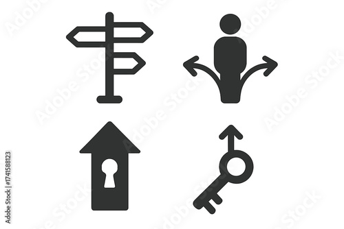Decision and opportunity icon set. Choice, direction, and strategy symbols. Vector person at crossroads, signpost, keyhole arrow, and key to success for business concepts.