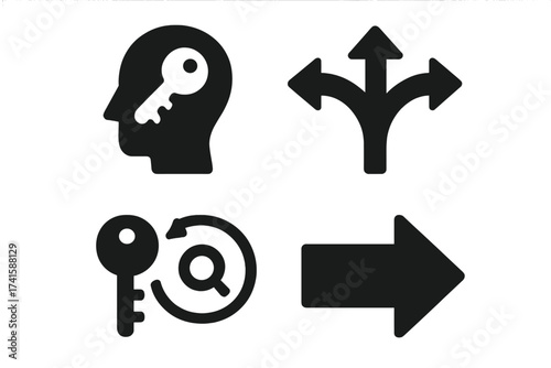 Key to success, decision making icon set. Arrow path choice, opportunity, business strategy. Head silhouette, mindset, psychology, problem solving vector illustration.