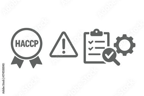 HACCP icon set. Hazard Analysis Critical Control Point. Food safety standard system. Quality control certificate. Risk management icon collection. Production inspection vector.