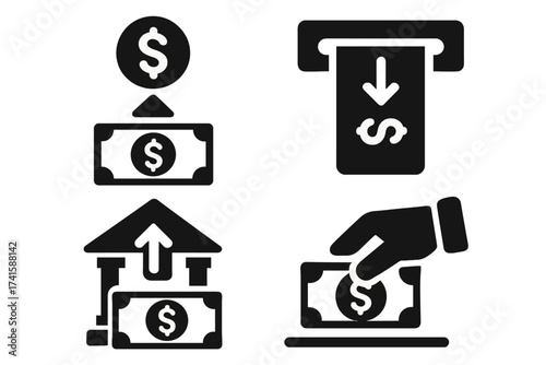 Deposit money icon set. Banking and finance concept. Cash deposit from ATM, bank transfer, and payment symbol. Solid glyph vector illustration for financial transactions.