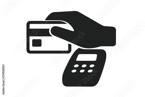 Credit card payment vector icon. Hand with card at POS terminal. Symbol for purchase, transaction, sale. Finance concept for cashless paying, debit, retail, and business.