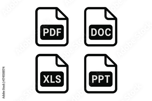 Document file format icon set. PDF, DOC, XLS, PPT vector symbols. Business office data graphics. Web download button for presentation, spreadsheet, text file report pictogram.