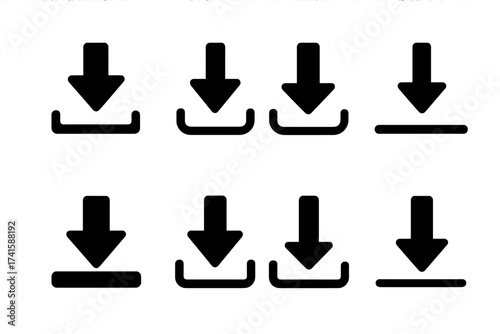 Download button icon collection. Vector illustration set of simple black download symbols. Arrow down signs for web, mobile app interface design. UI UX graphic elements.