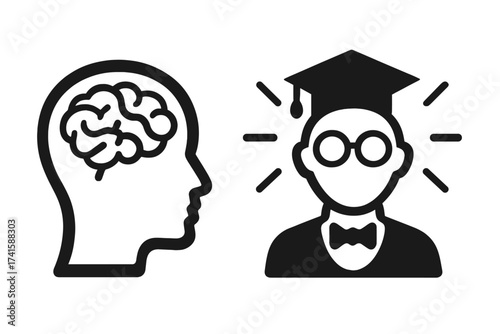 Genius icon set with human head silhouette and brain. Symbol for intelligence, IQ test, knowledge, and education. Vector graphic for concepts of mind, thinking, and expertise.
