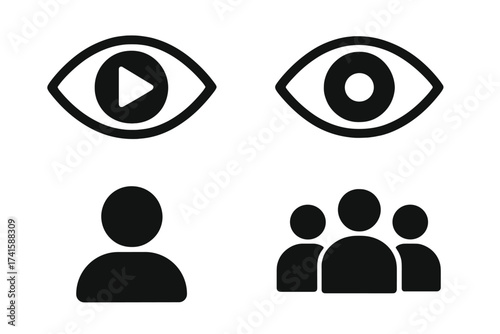 Metaphor for video views, spectator count, and user engagement. Icon set with eye and people symbols for social media analytics and audience metrics. Vector illustration.