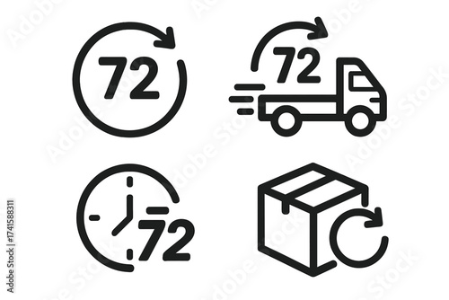 72 hours delivery service vector icon set. 3 days shipping time guarantee symbol. Fast package logistic truck sign. E-commerce order and return concept. Express shipment.
