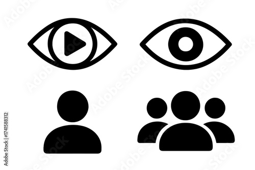 Views icon set. Eye with play button for video streaming and viewer count. User, audience, and spectator symbols. Social media engagement metrics. Vector glyph collection.