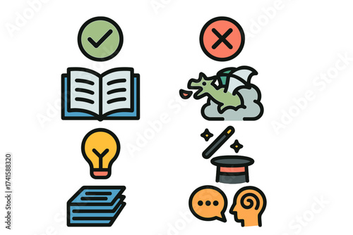 Facts vs myths concept. True and false information. Reality check illustration. Evidence, science, knowledge versus fantasy, magic, rumor. Correct and incorrect choice icon set.