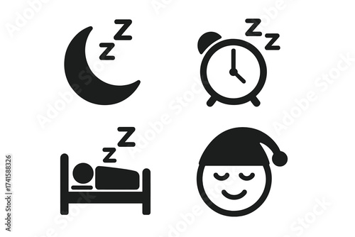 Sleep icon set. Bedtime and rest symbols. Night, moon, dream, and alarm clock icons. Insomnia, snooze, and nap concepts. Simple flat vector illustration collection.