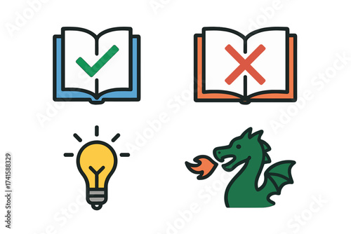 Facts vs myths vector icon set. True and false information concept. Fact-checking, disinformation, and fake news metaphor. Knowledge, idea, and fantasy symbols illustration.