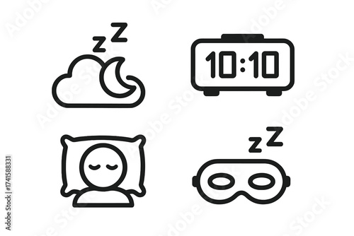Sleep icon set. Night rest, bedtime, and insomnia concept. Vector line icons of sleeping mask, pillow, alarm clock, and moon. Relaxation and dream symbols for web and app design.