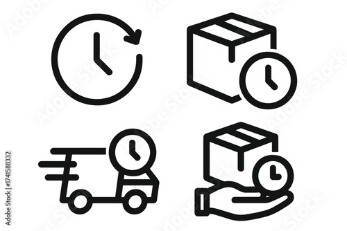 Fast delivery service icon set. Express shipping symbols. 24 48 72 hour delivery time. Logistics and transport concept. E-commerce business element. Package, truck, clock.
