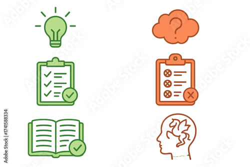 Facts vs myths icon set. True and false information comparison. Knowledge, evidence and research vs belief, imagination and misinformation. Checkmark and cross symbols. Vector.
