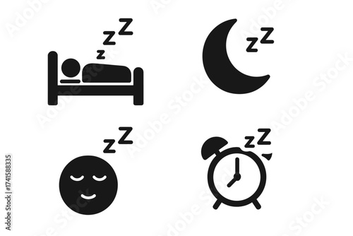 Sleep icon set for healthy rest and relaxation. Bedtime concept with person in bed, moon, and alarm clock symbols. Vector illustration for topics like dreaming, insomnia, and sleep cycle.