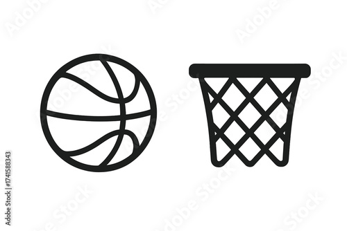 Basketball ball and net basket icon set. Vector sport equipment illustration. Simple black silhouette for team game, competition, tournament, or championship logo element.