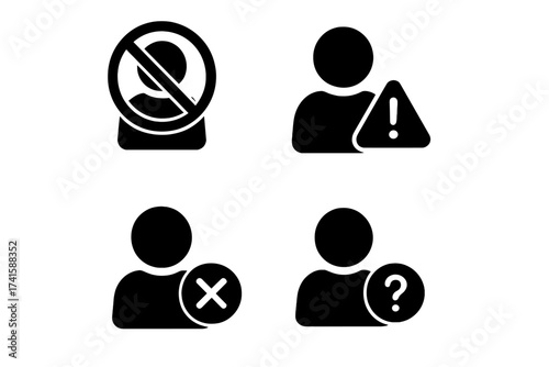 Fake account icon set. Invalid user profile symbols. Warning, alert, error, and issue user icons. Banned, blocked, deleted, unknown user concept for security and verification.