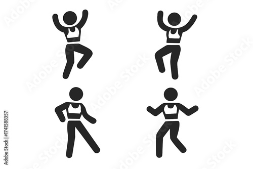 Set of aerobics and dancing sport icons. Woman doing fitness exercise, workout, and zumba. Vector pictograms of a girl in motion. Healthy lifestyle and gymnastics concept.