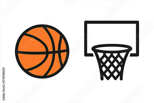 Basketball and hoop net vector icon set. Simple flat graphic illustration for sports design. Minimalist symbol for game, competition, league, or team sports equipment.