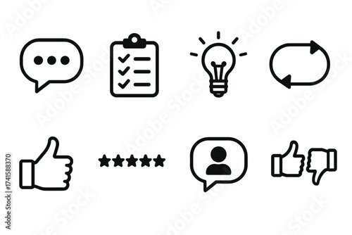 Customer review and feedback line icon set. Vector icons for survey, rating, opinion, comment, idea, and user experience. Business service quality and satisfaction symbols.
