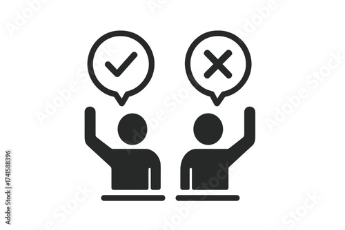 Yes or no vote concept. People with check mark and cross. Decision, choice, feedback and survey icon. Approve and disapprove symbol. Positive vs negative opinion illustration.